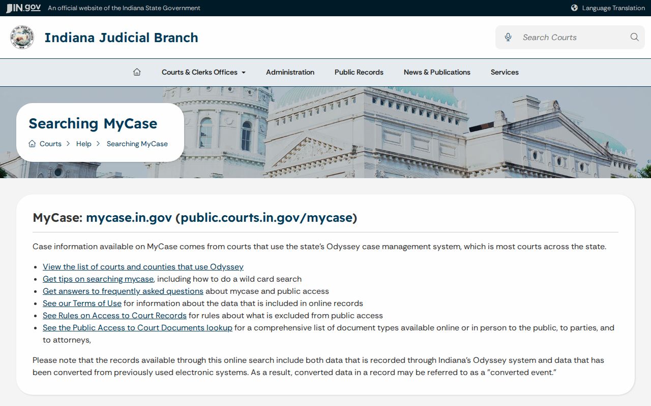 MyCase help and limits for Elkhart County case lookup results