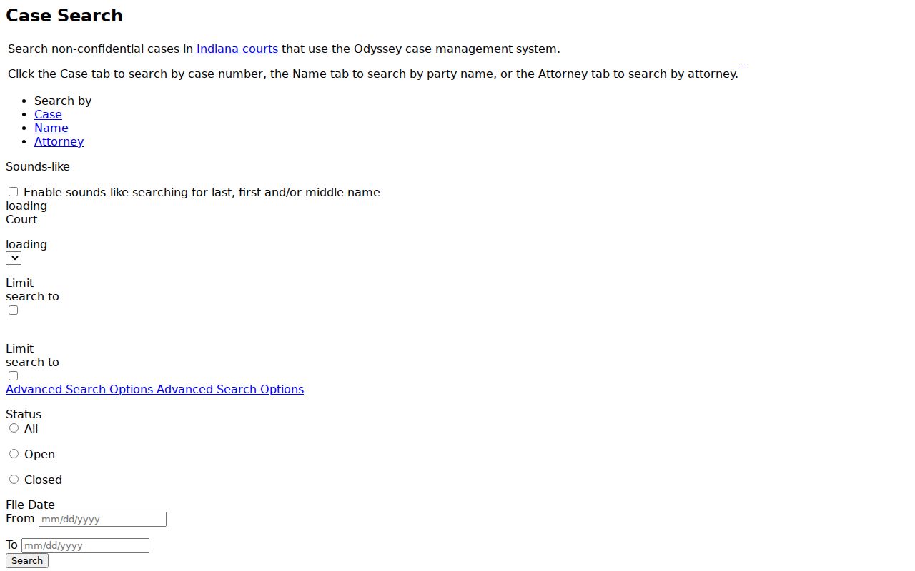 Rendered MyCase fields used for Elkhart County case lookup searches