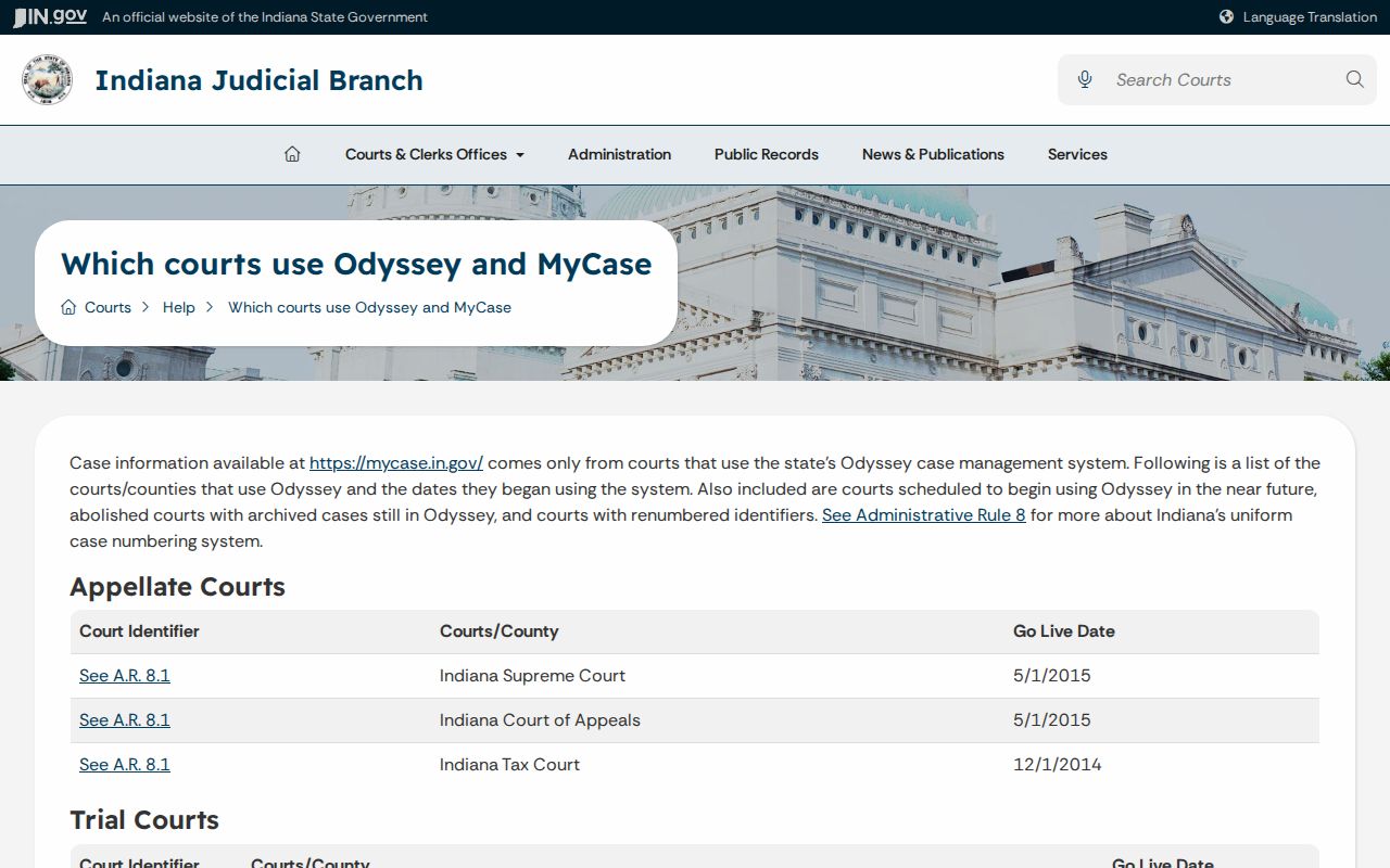 Odyssey participating court nodes for Elkhart County case lookup
