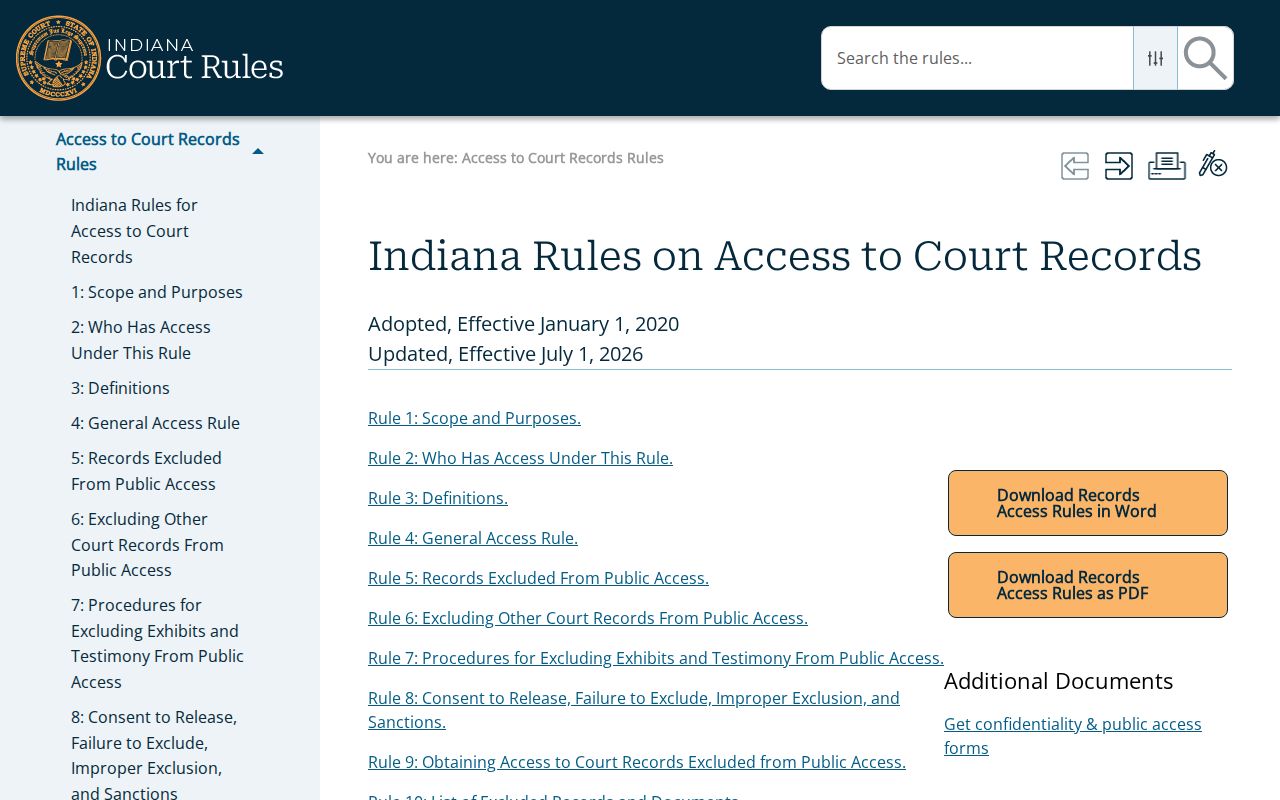 Indiana Rules on Access to Court Records index