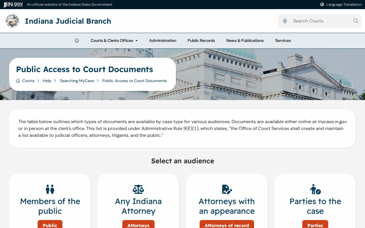 Indiana MyCase online and clerk-counter court record access levels