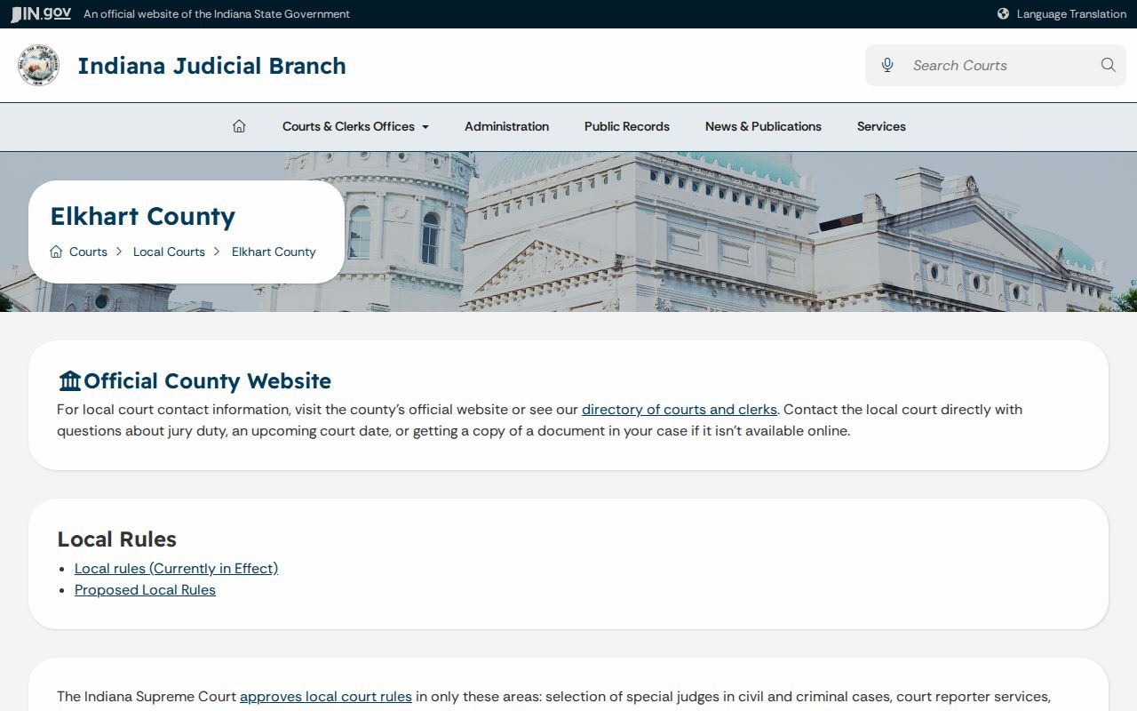 Indiana Judicial Branch profile for the Elkhart County court docket