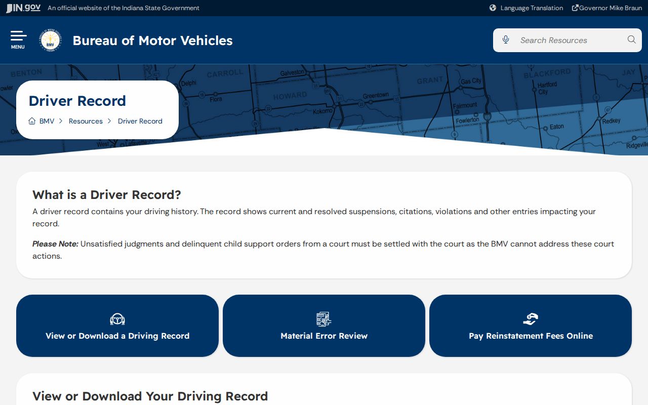 Indiana BMV driver record request and court judgment guidance