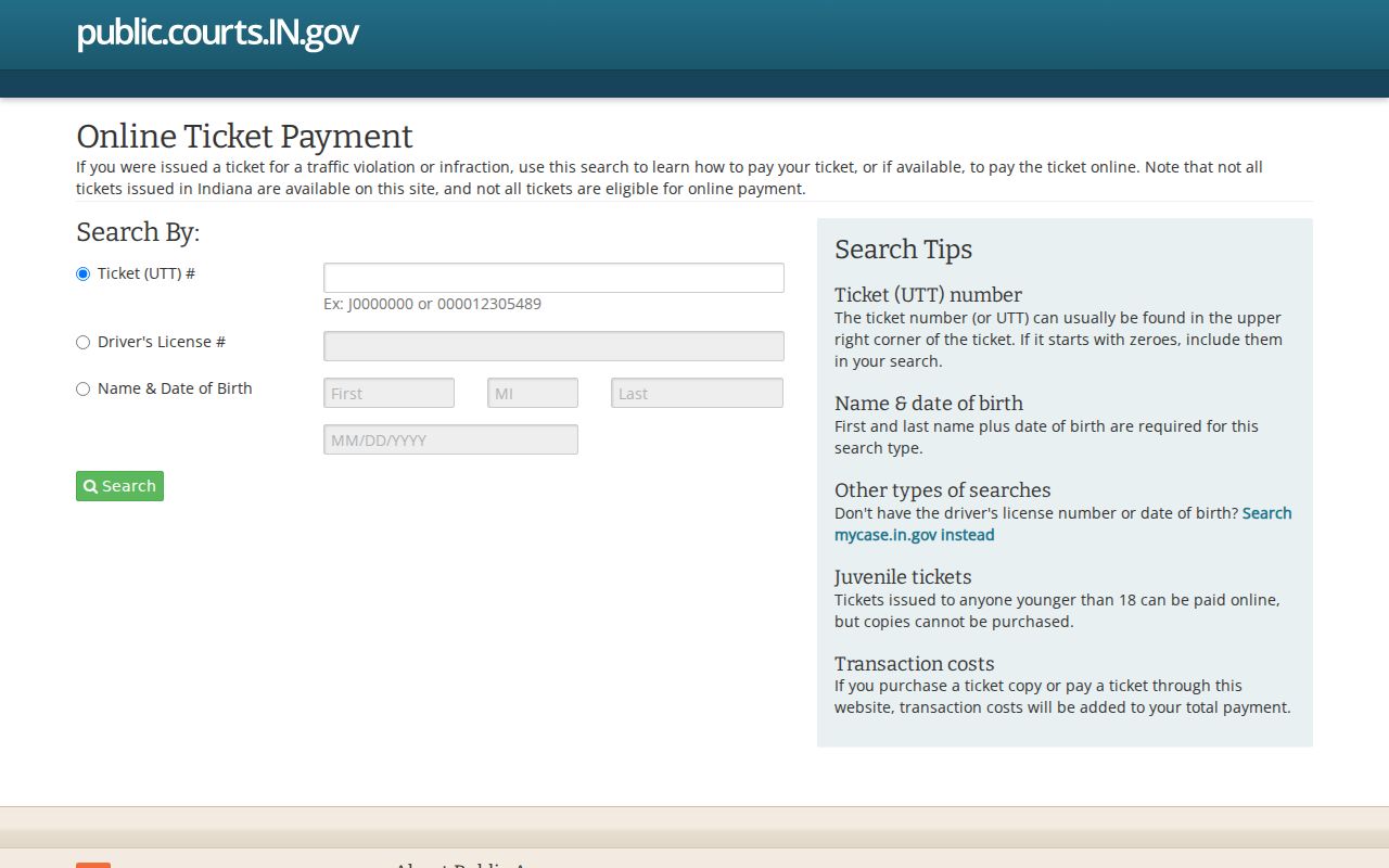 Indiana ePay public access page for eligible traffic court payments
